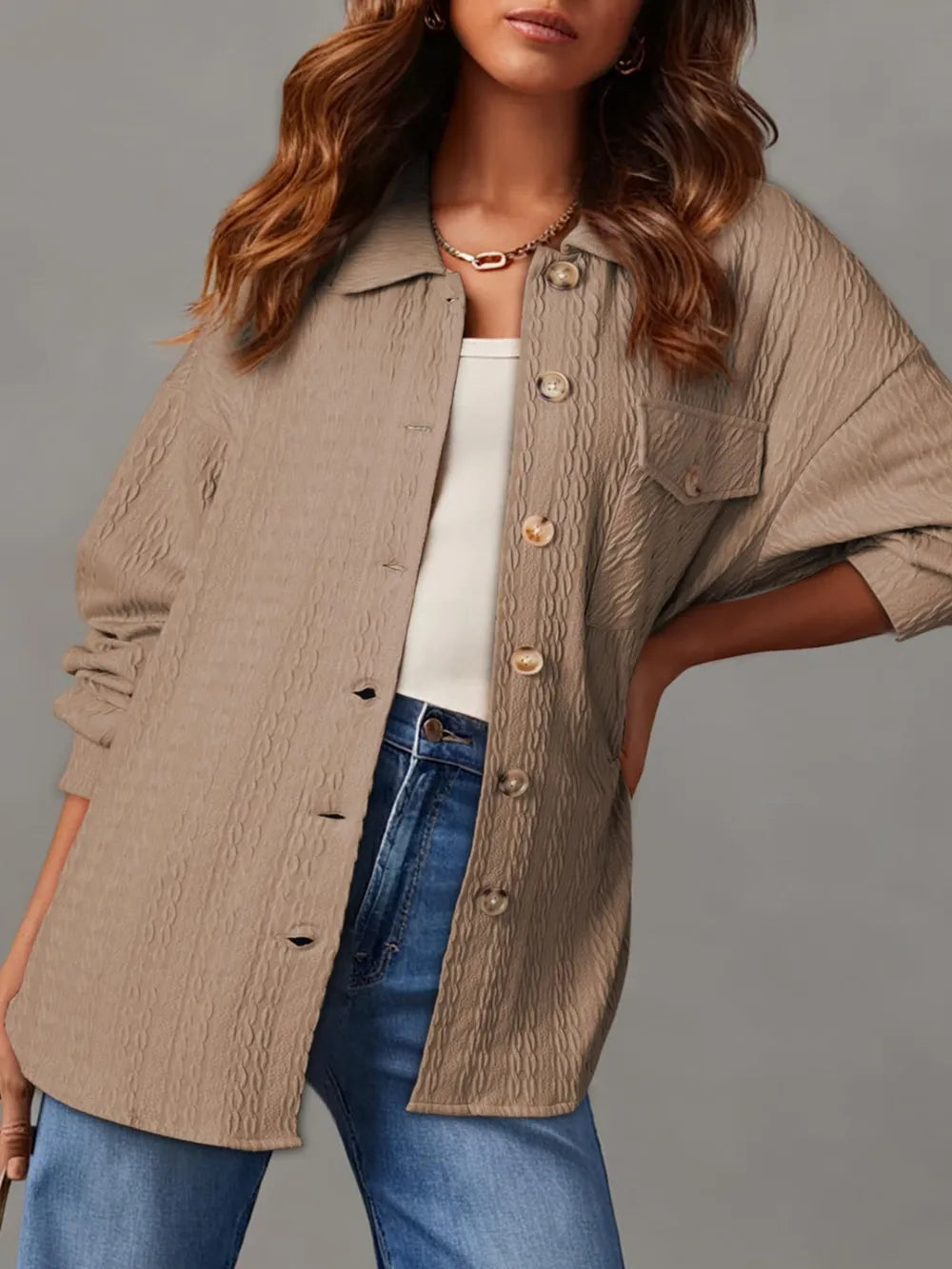 Textured Button Up Long Sleeve Shacket nicholesgifts