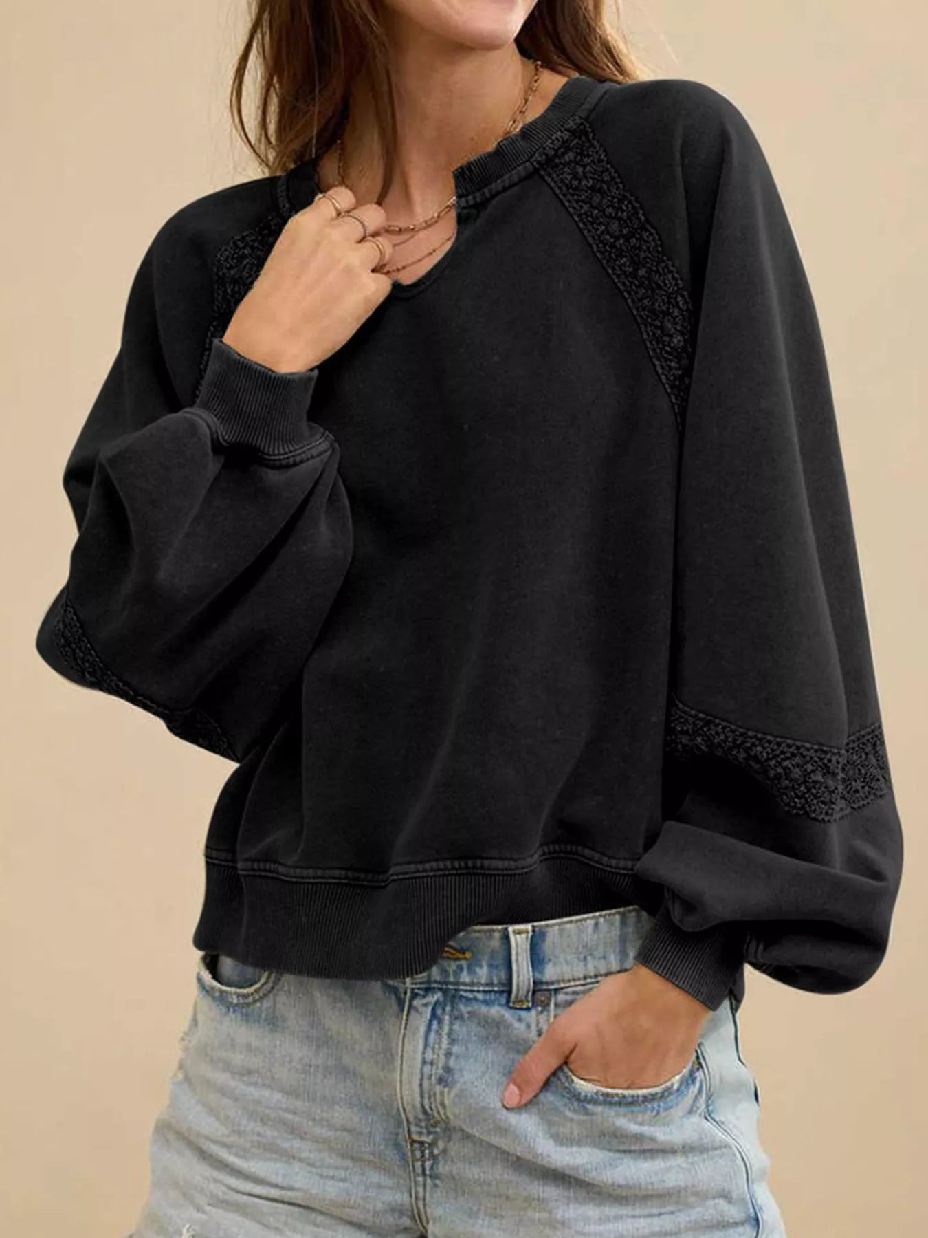 Lace Detail Notched Long Sleeve Sweatshirt Trendsi