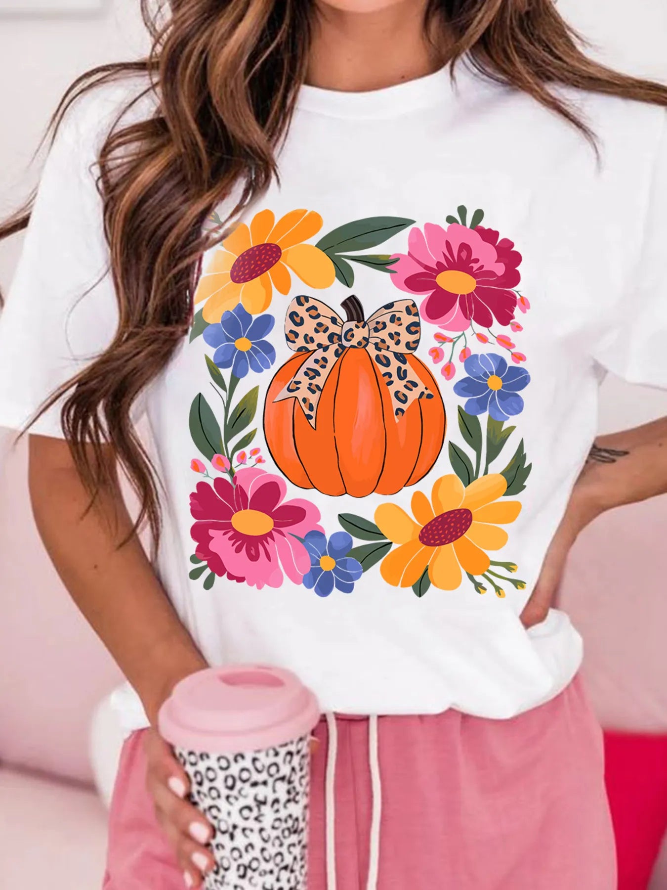 Pumpkin Floral Graphic Round Neck T-Shirt Trendsi