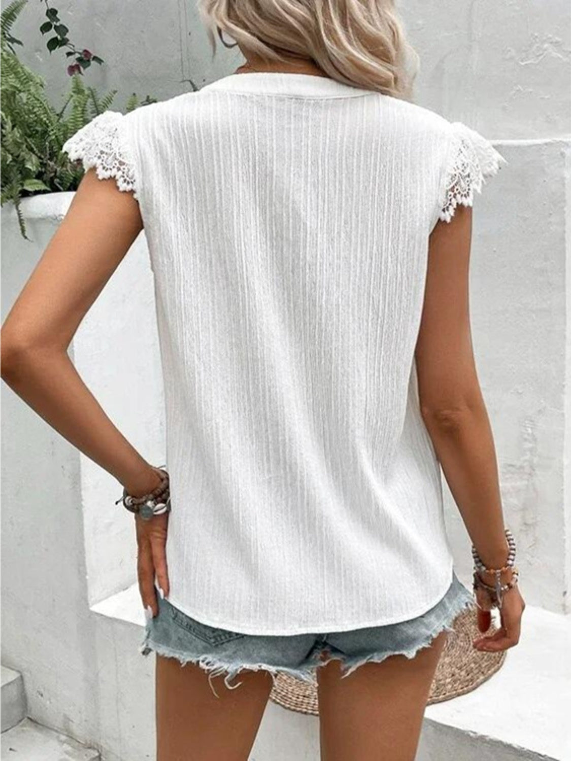 Lace Detail Notched Cap Sleeve Blouse nicholesgifts