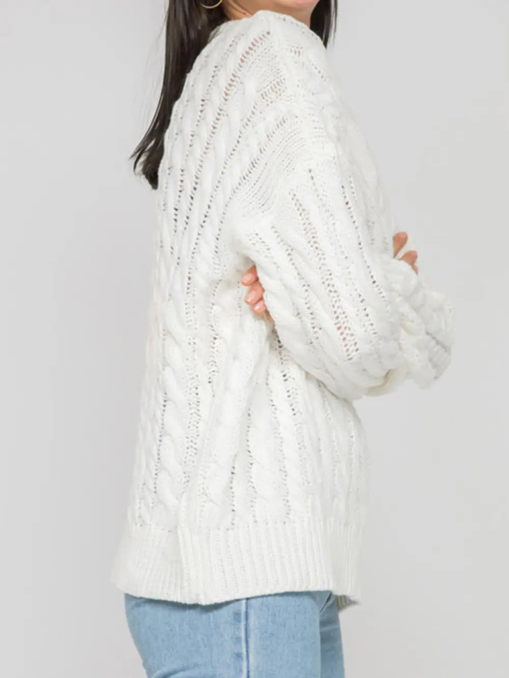 Openwork Round Sleeve Cable-Knit Sweater Trendsi
