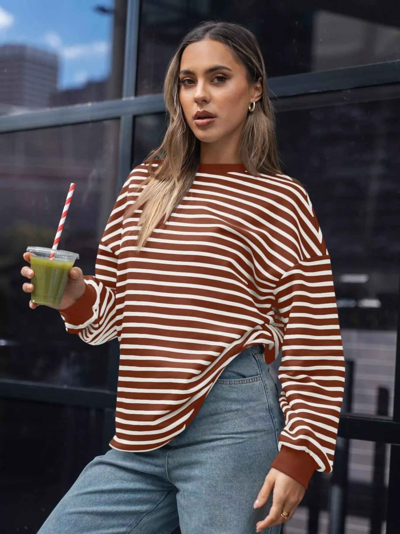 Striped Round Neck Oversized Casual Sweatshirt Trendsi