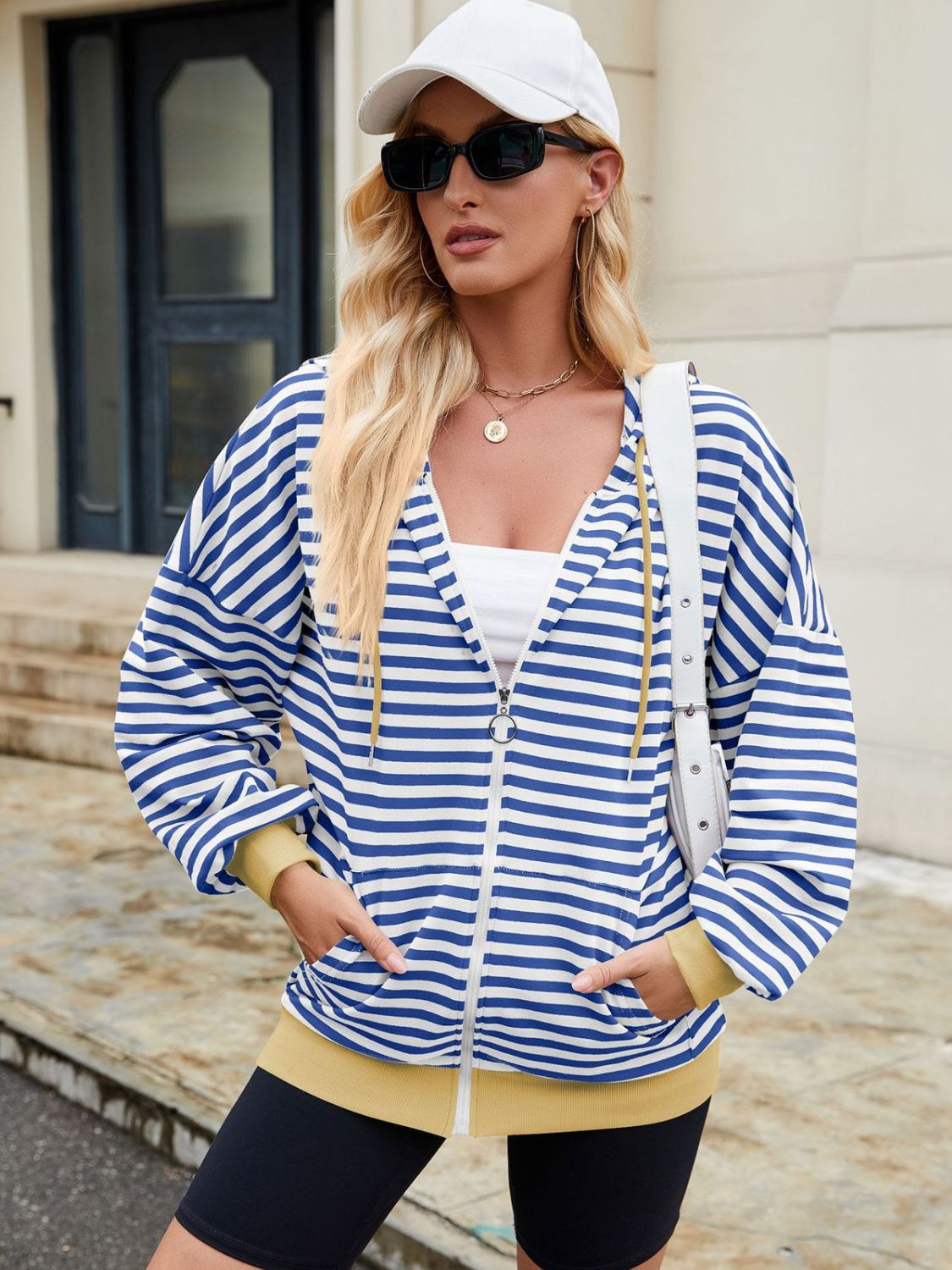 Women Drawstring Striped Zip Up Long Sleeve Hoodie nicholesgifts