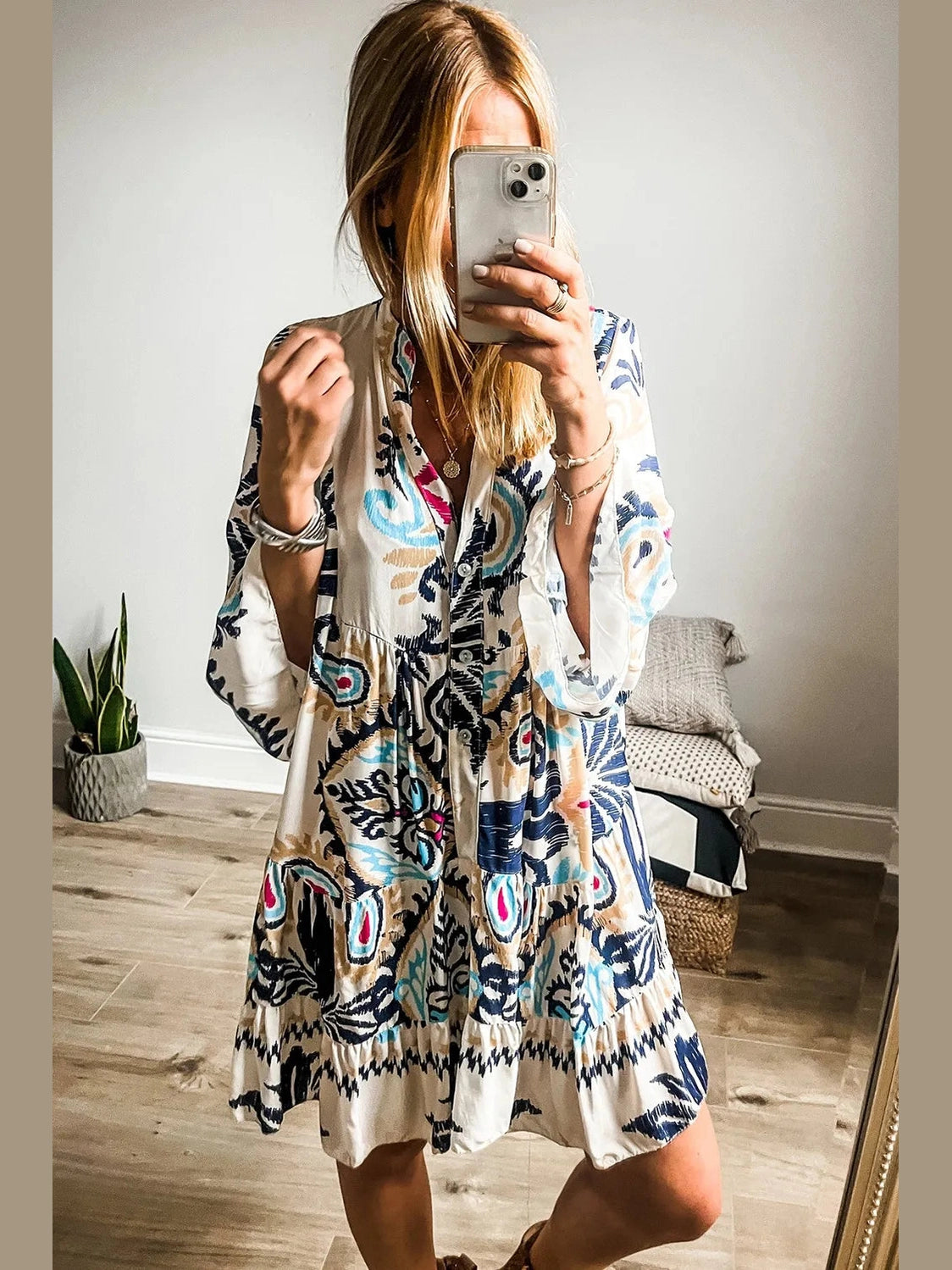 Printed Notched Three-Quarter Sleeve Mini Dress Trendsi