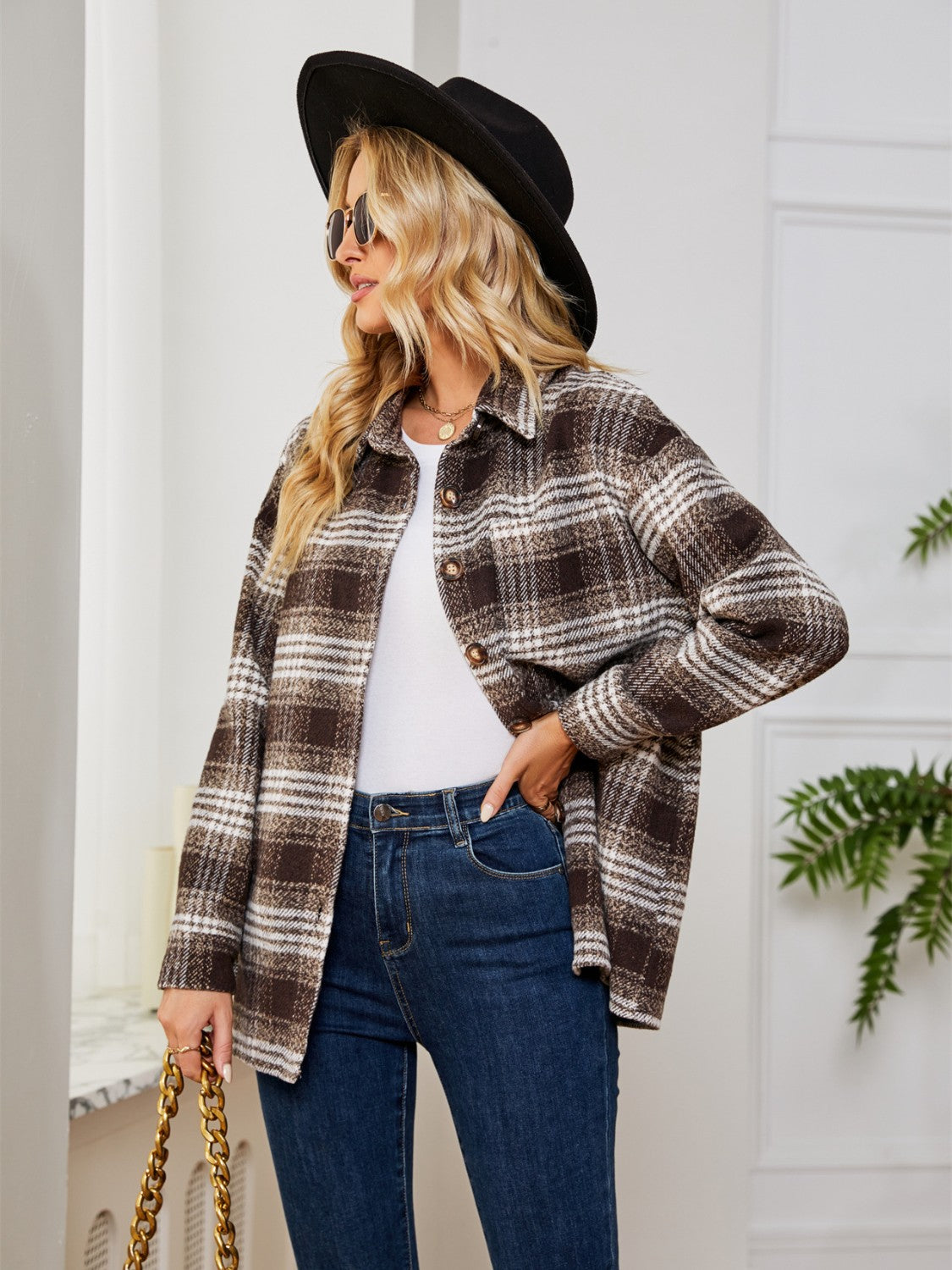 Plaid Collared Shirt Jacket nicholesgifts