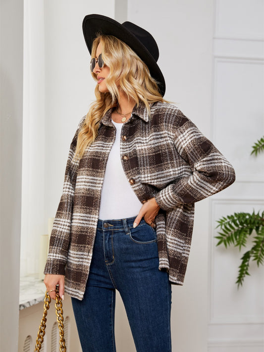 Plaid Collared Shirt Jacket nicholesgifts