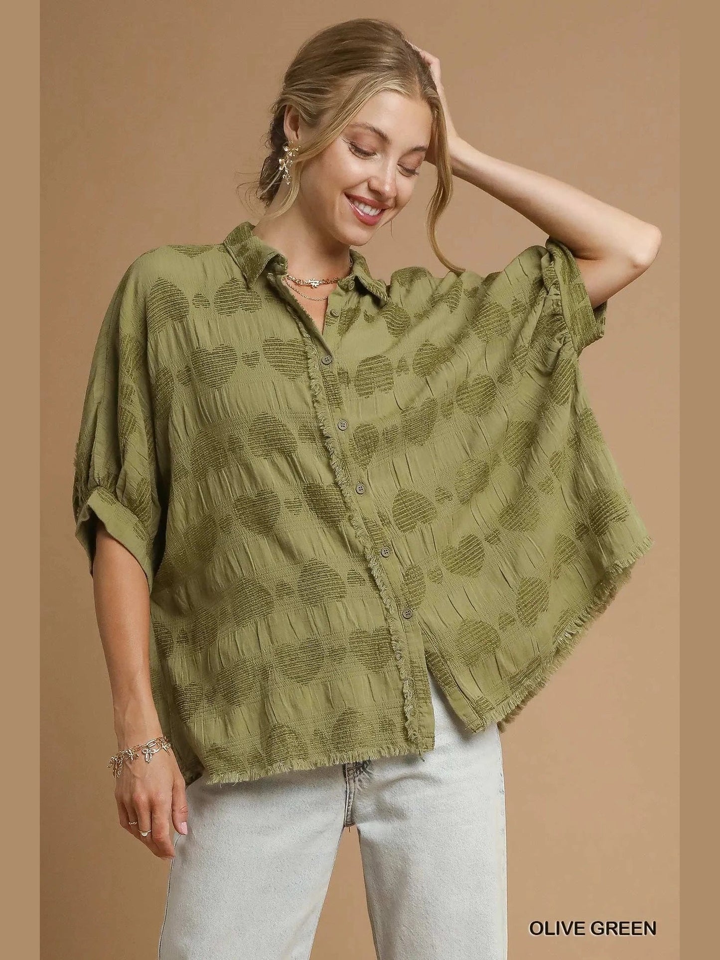 Women Umgee Jacquard Heart Collared Olive Green Short Sleeve Shirt NicholesGifts