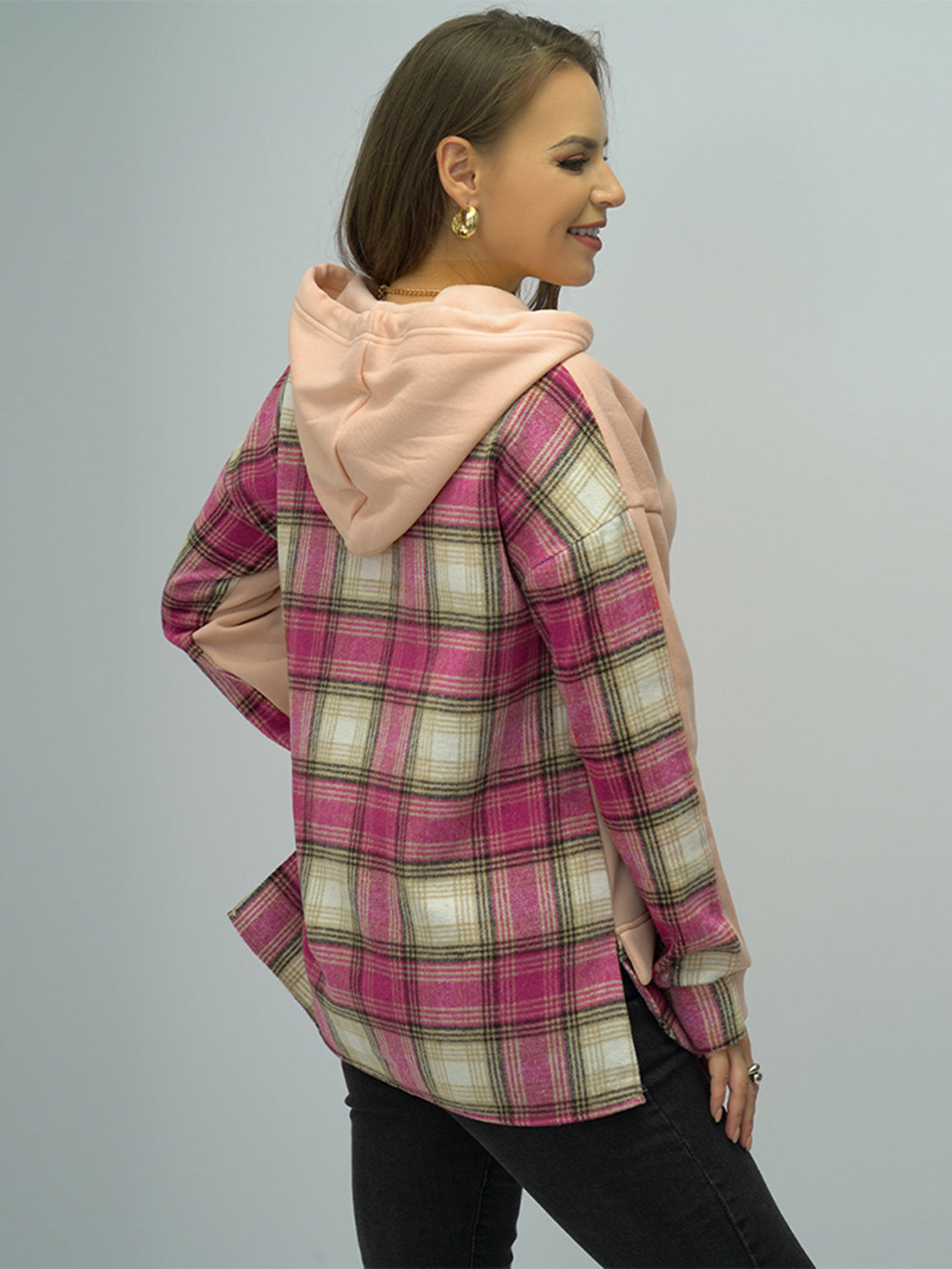 NicholesGifts Women Shiny Plaid Drawstring Drop Shoulder Slit Hoodie NicholesGifts