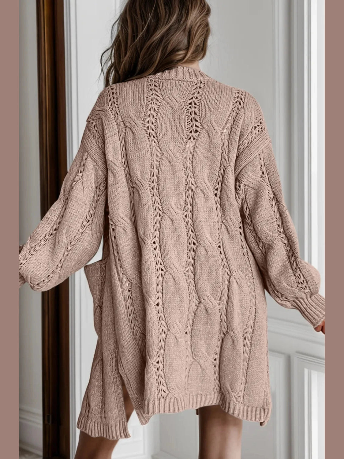 Women Cable-Knit Dropped Shoulder Slit Cardigan nicholesgifts