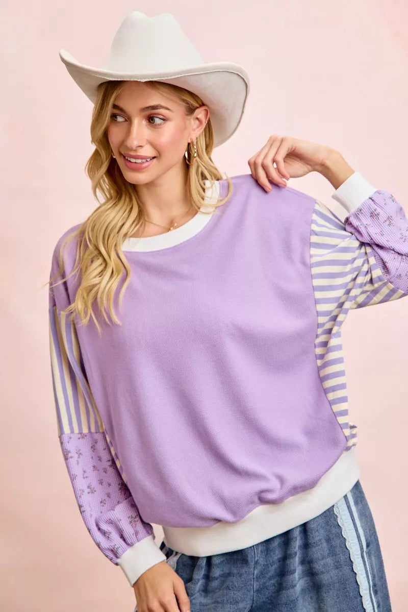 BiBi Mix and Match Sweatshirt with Floral Sleeve Striped Trendsi