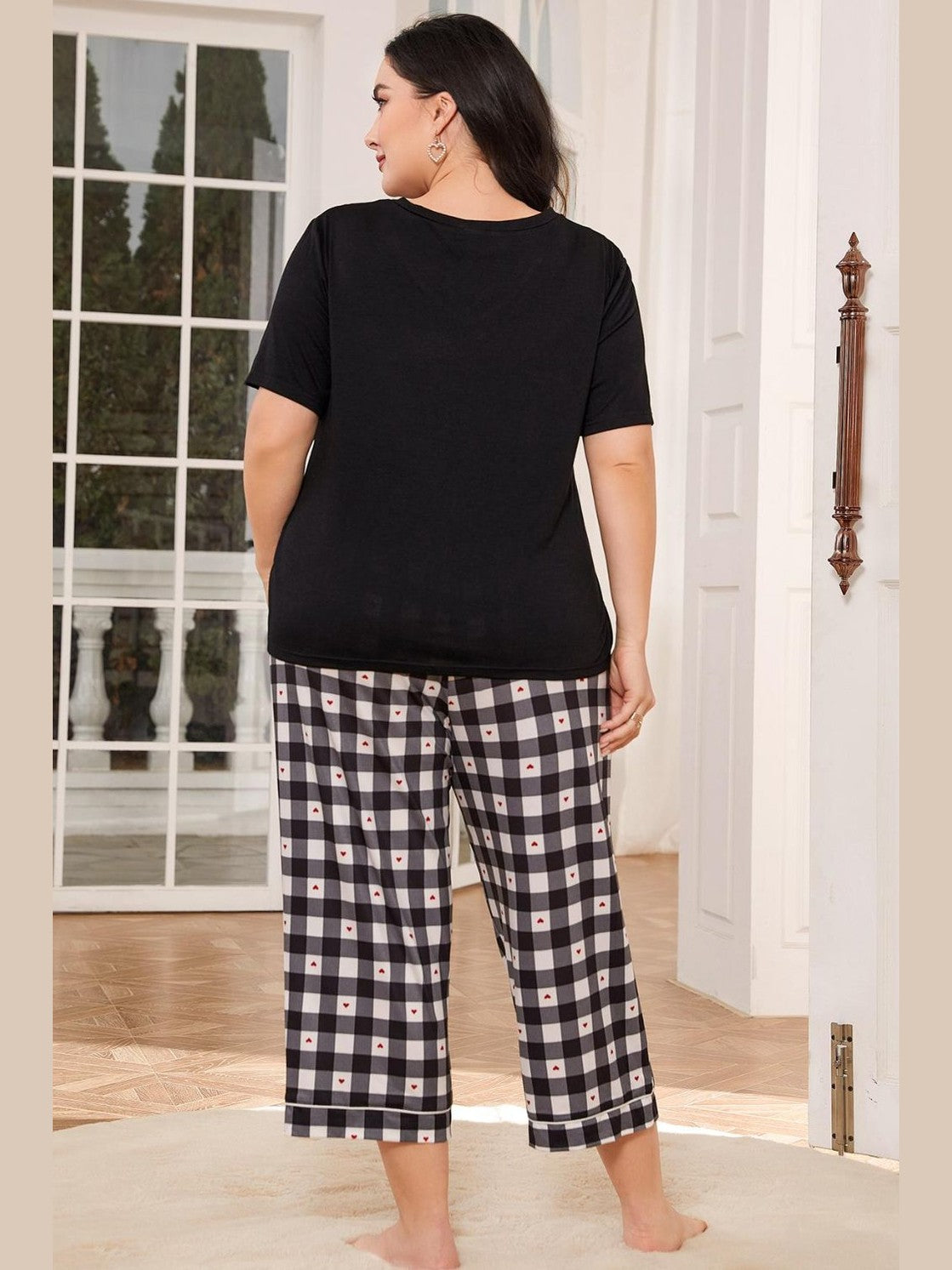 V-Neck Tee and Plaid Cropped Pants Lounge Set nicholesgifts