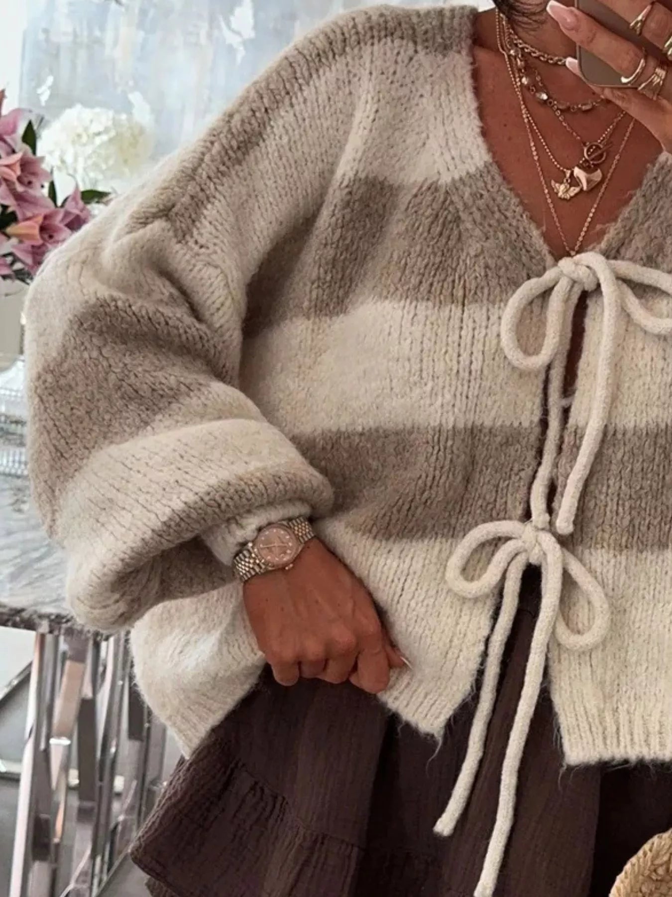 Striped Tie-Front Knit Cardigan Trendsi