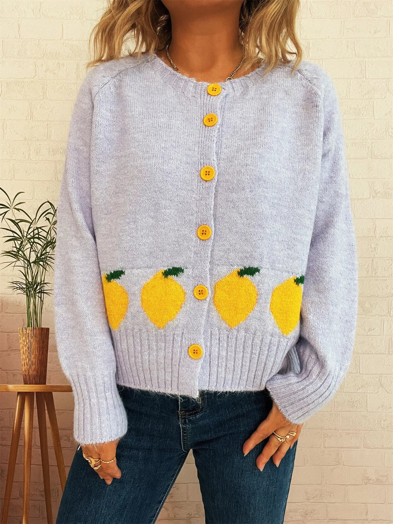 Lemon Pattern Button-Up Cardigan