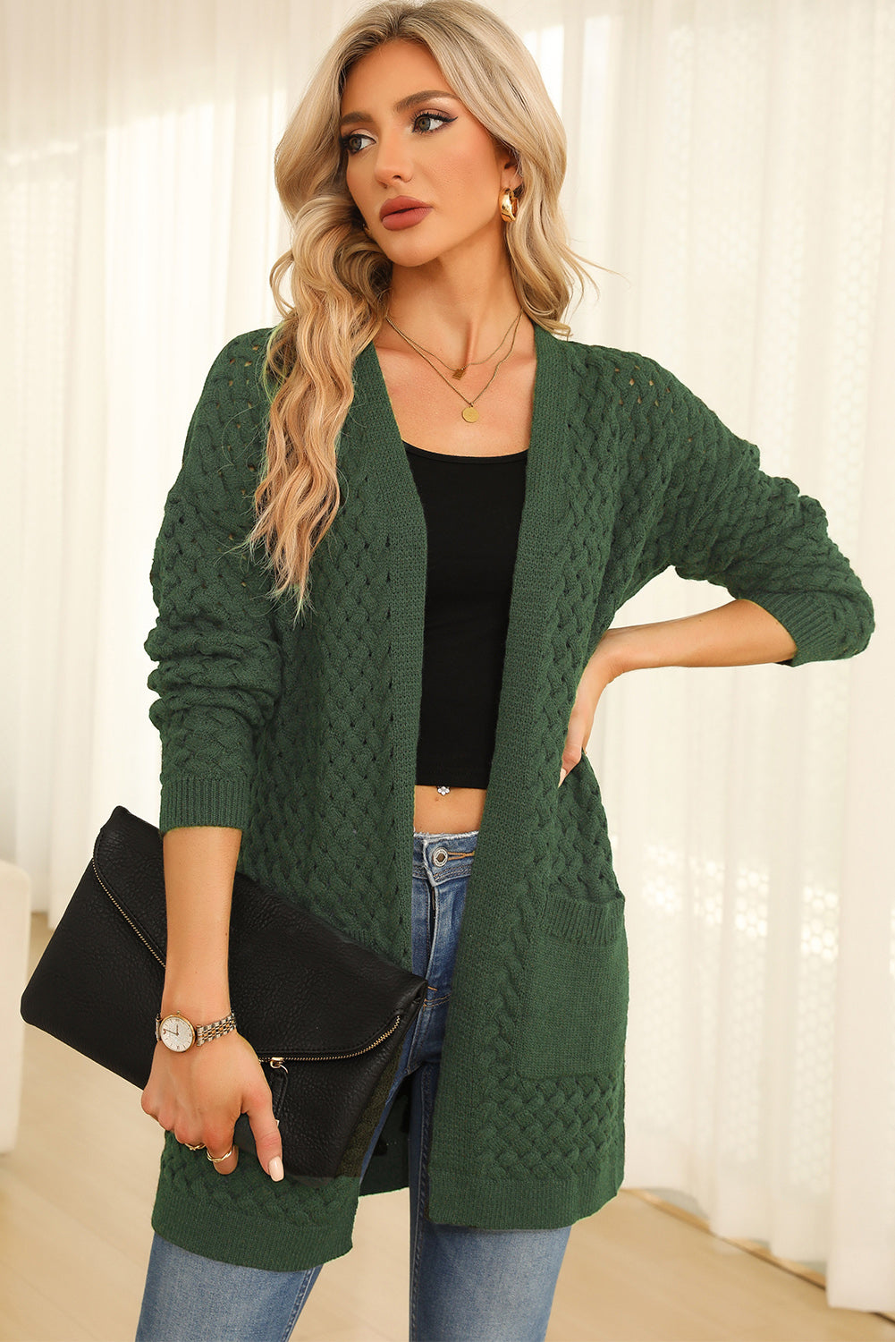 Open Front Dropped Shoulder Cardigan with Pockets nicholesgifts