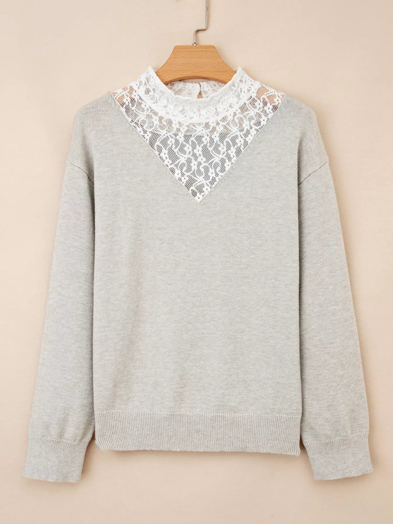 Button Keyhole Lace Patchwork Drop Shoulder Sweater