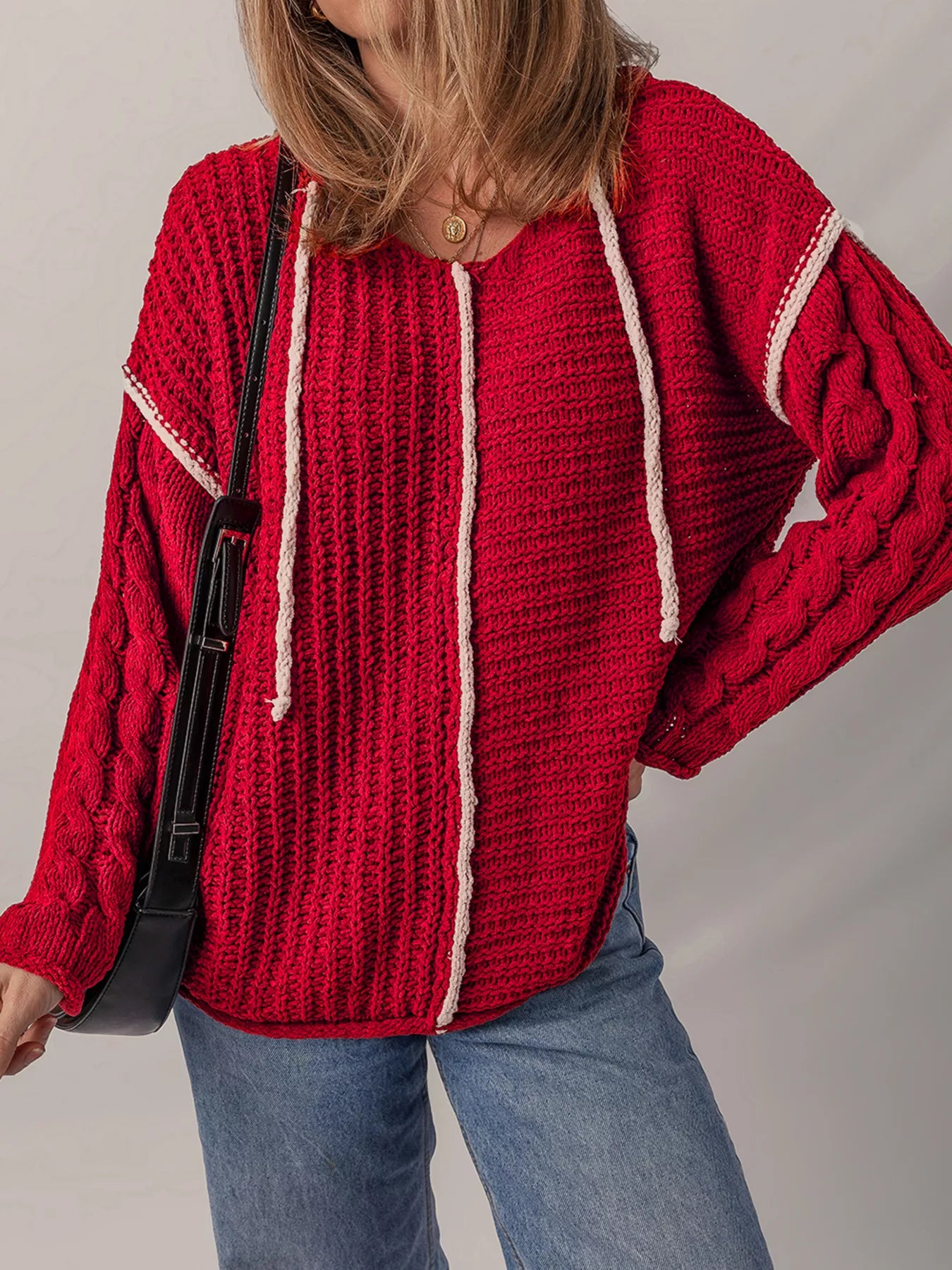 Contrast Trim Textured Knit Drawstring Hooded Sweater