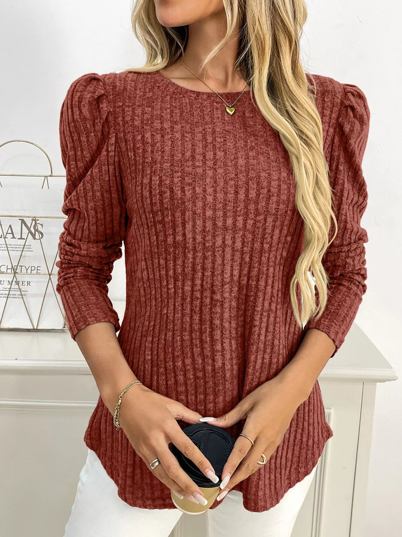 Round Neck Puff Sleeve T-Shirt Trendsi