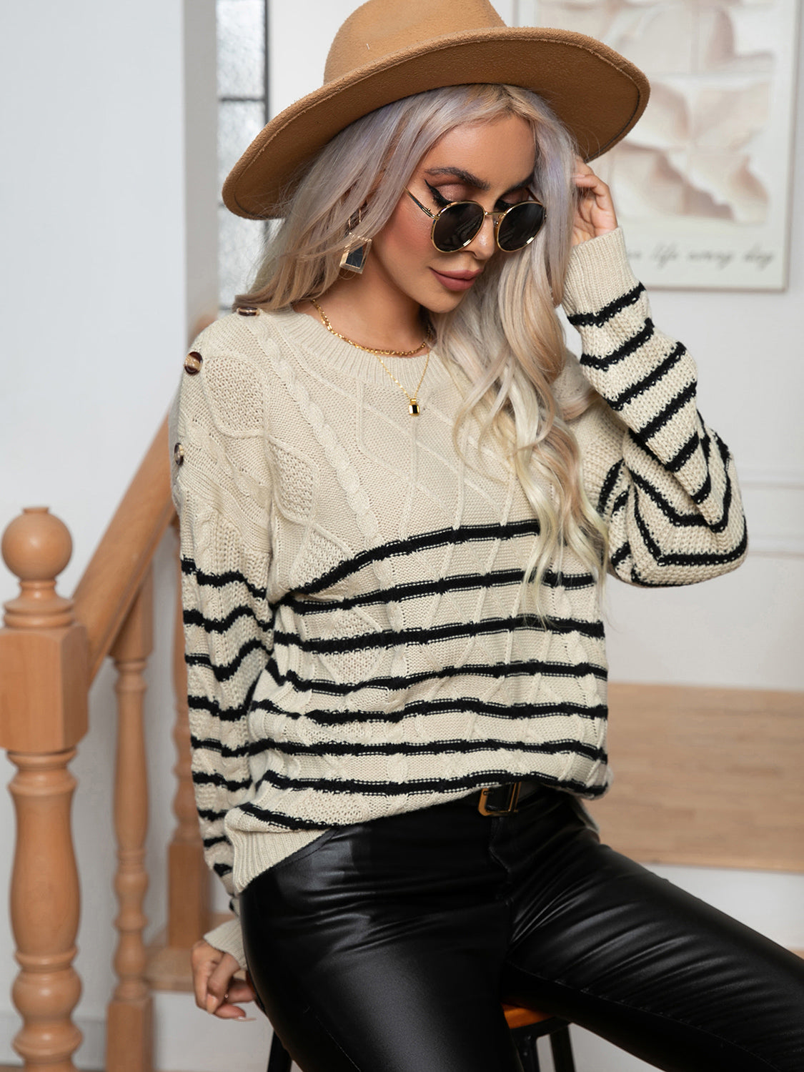 Striped Round Neck Cable-Knit Sweater Trendsi