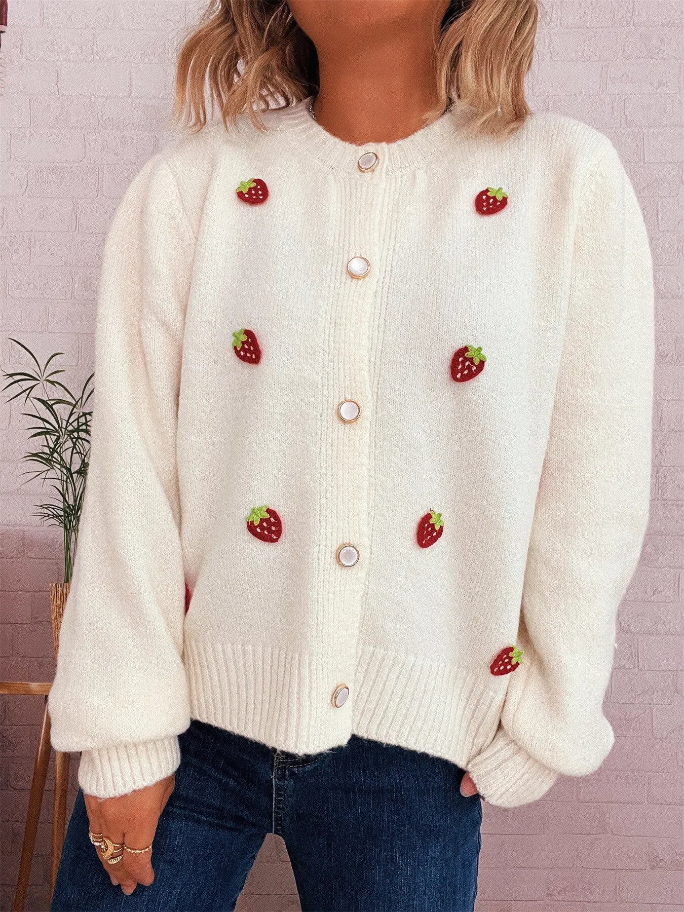 Strawberry Button Up Long Sleeve Cardigan Trendsi