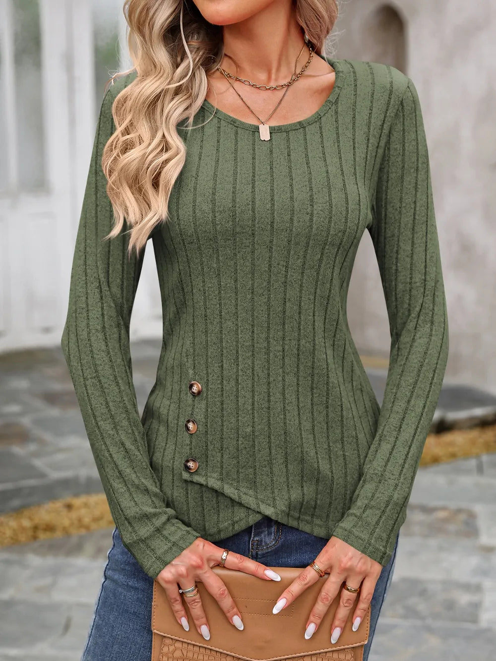 Decorative Button Round Neck Long Sleeve T-Shirt nicholesgifts