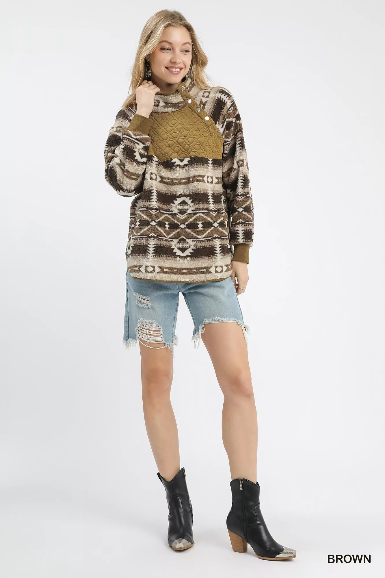 Umgee Aztec Print Sherpa Pullover Trendsi