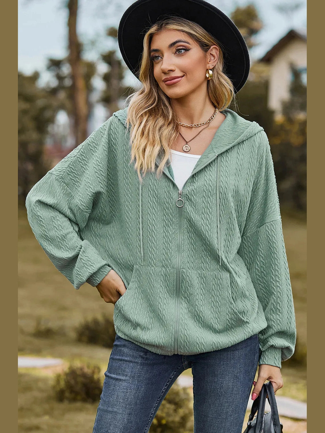 Drawstring Zip Up Dropped Shoulder Hoodie nicholesgifts