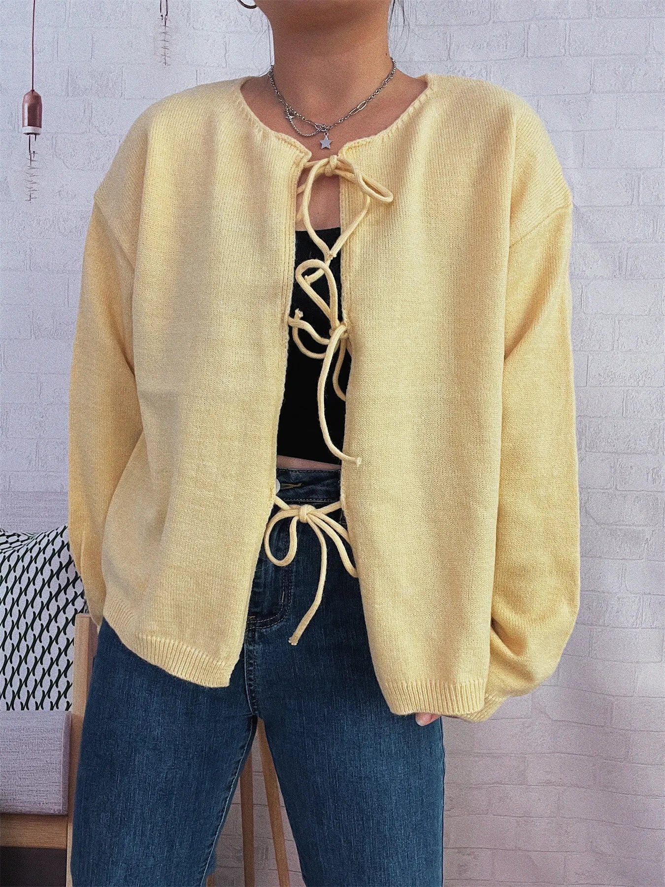 Tie Front Drop Shoulder Cardigan Trendsi
