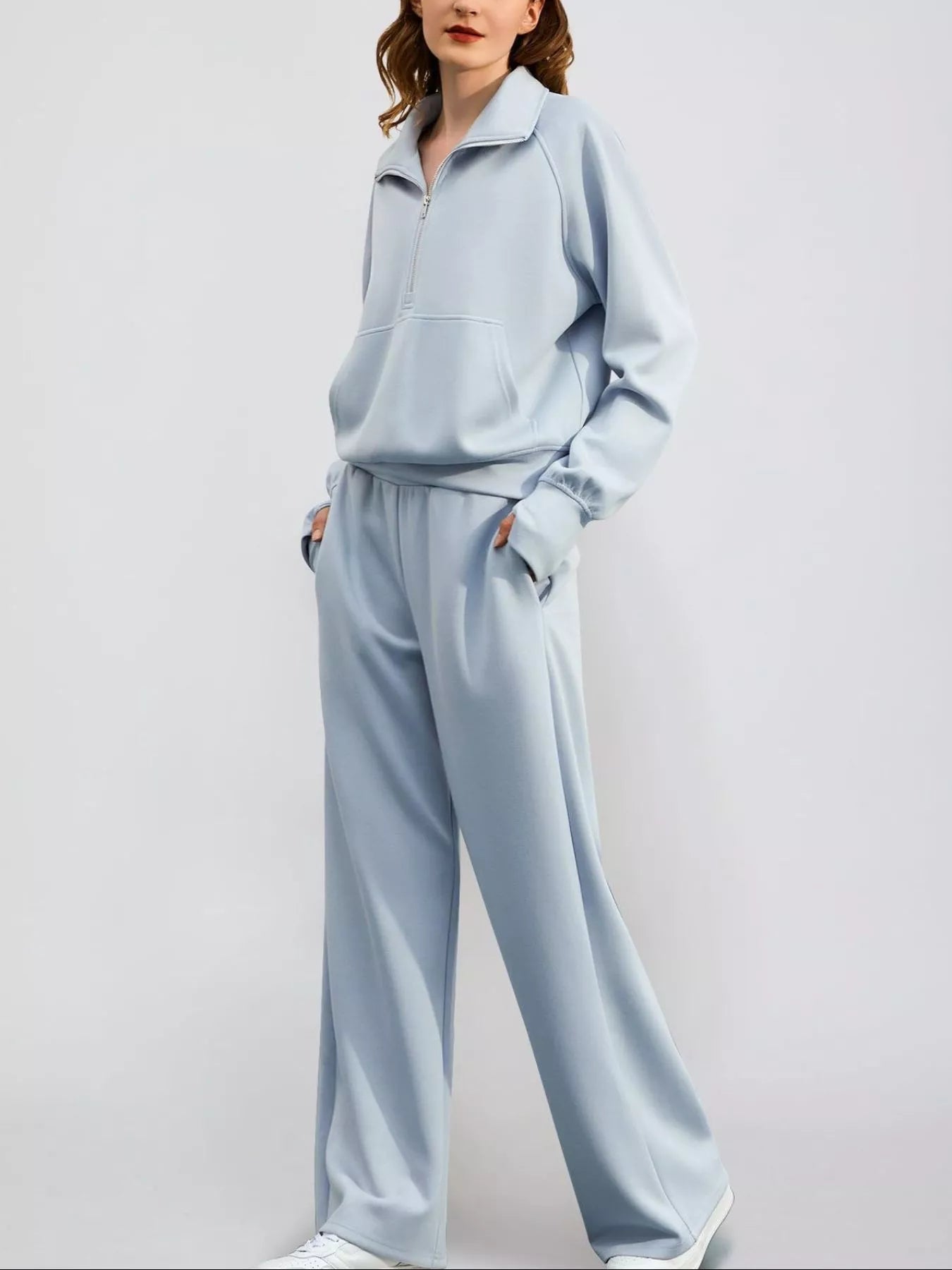 Full Size Half-Zip Sweatshirt and Wide-Leg Pants Set Plus Size Trendsi