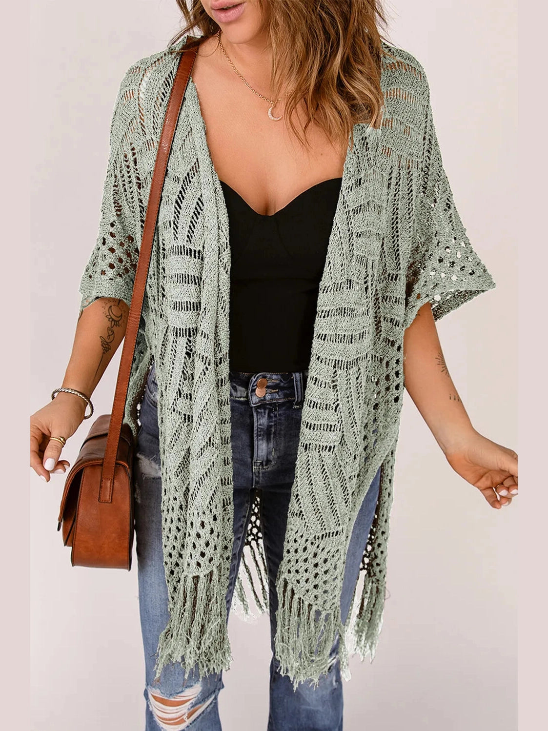 Openwork Open Front Cardigan with Fringes nicholesgifts