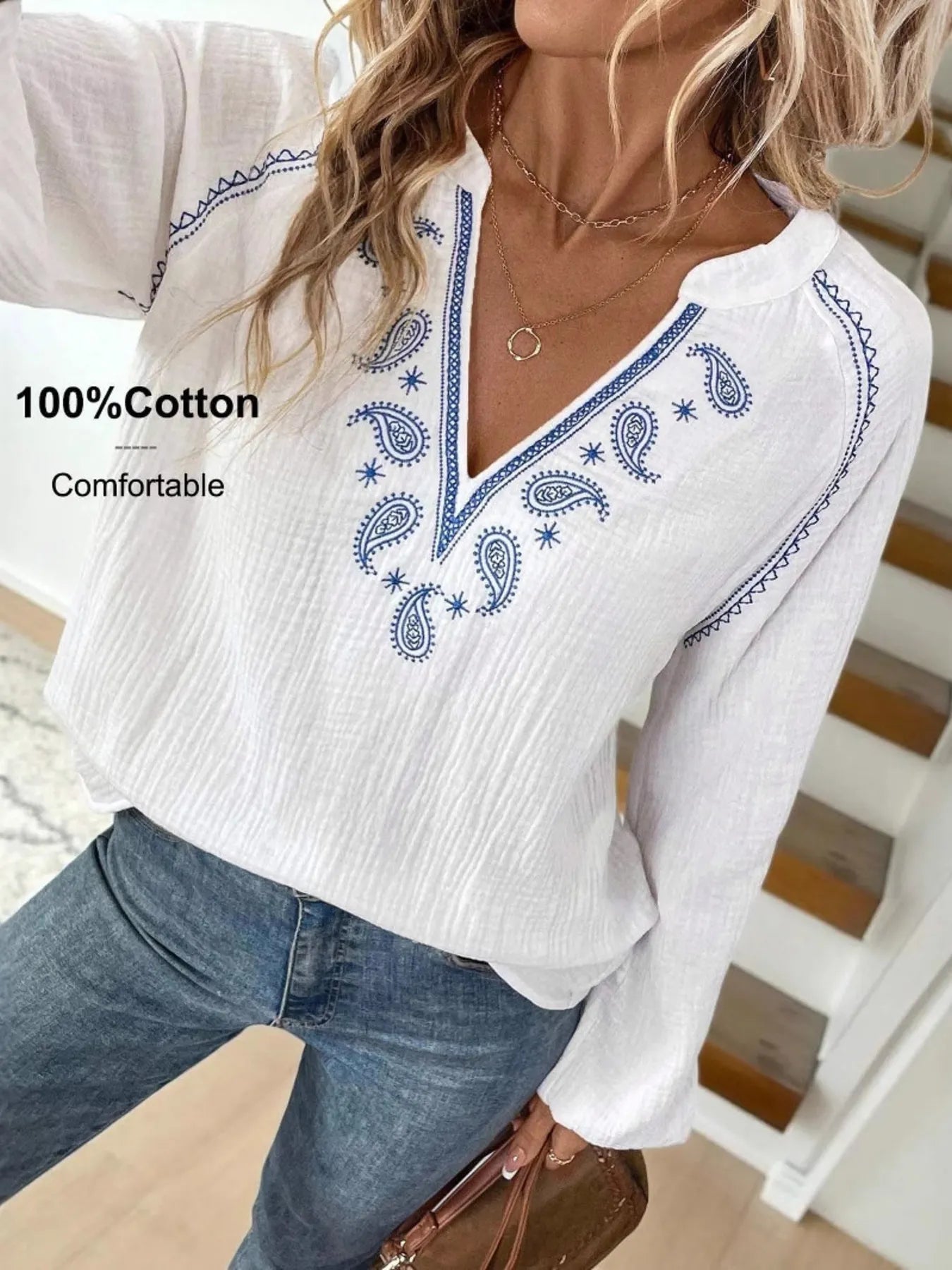 Paisley Pattern Notched Long Sleeve Blouse NicholesGifts