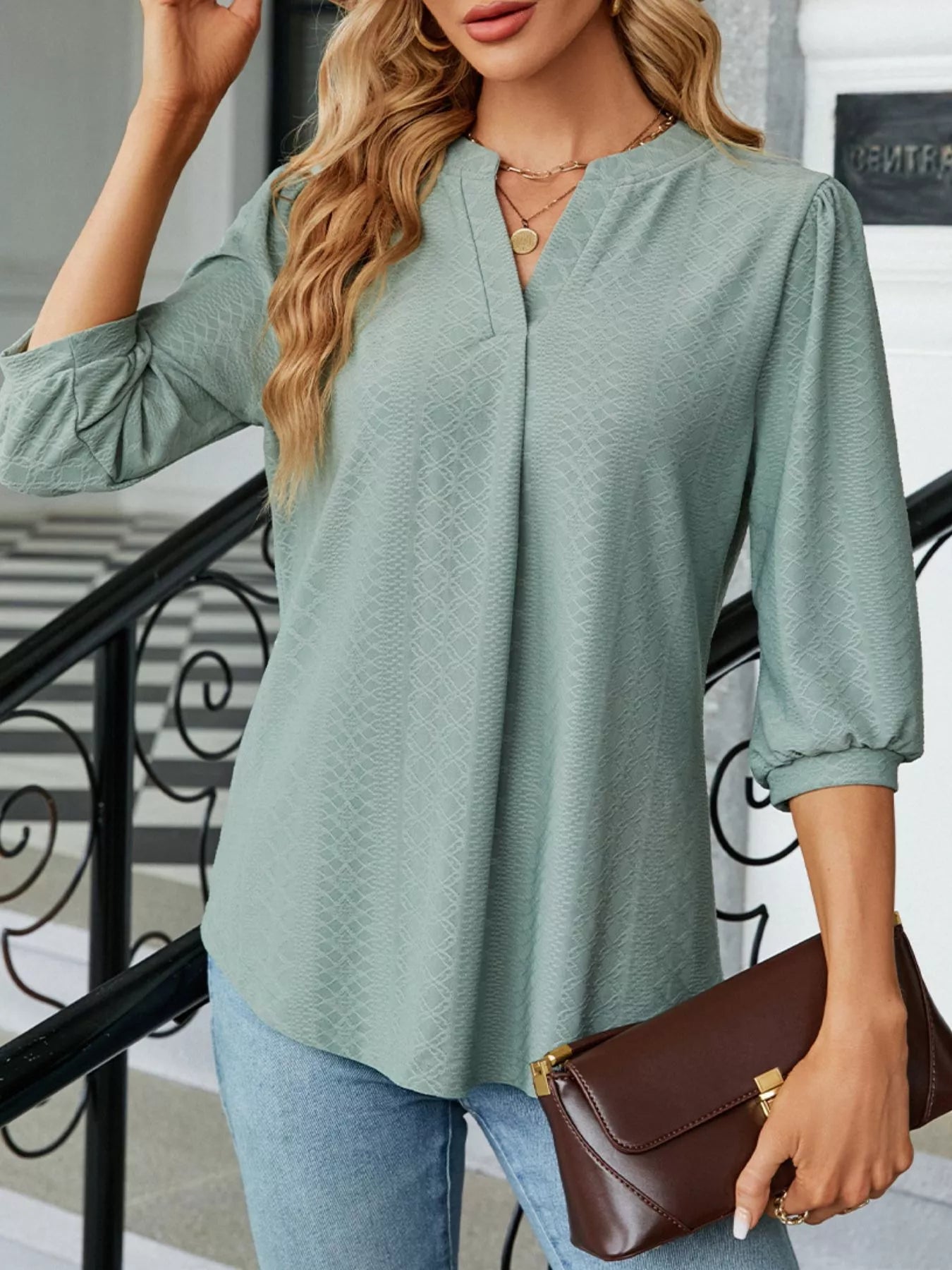 Notched 3/4 Sleeve Casual Top Trendsi