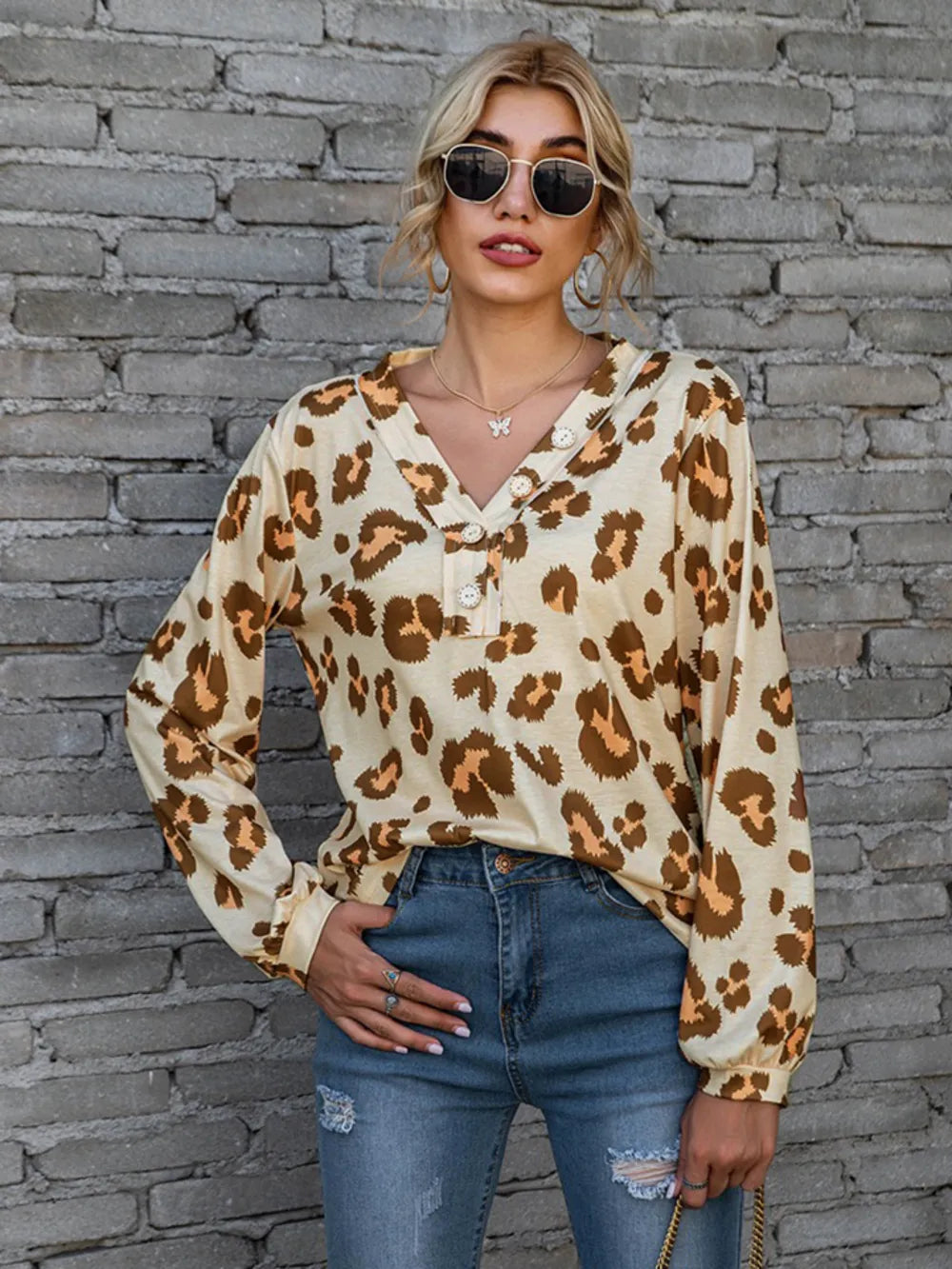 Leopard V-Neck Decorative Button Long Sleeve Blouse NicholesGifts