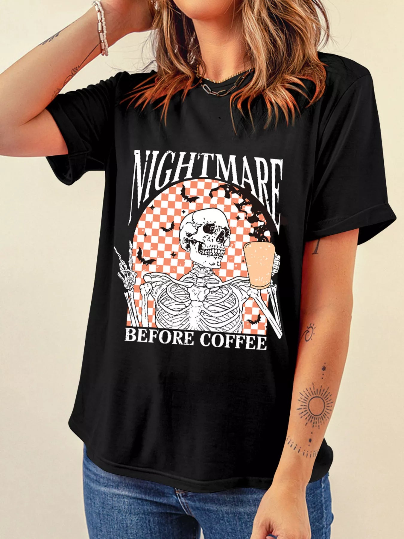 Halloween Skull Checkerboard Graphic Round Neck Tee