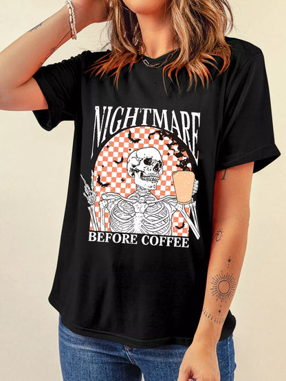 Women Halloween Skull Checkerboard Graphic Round Neck Tee nicholesgifts