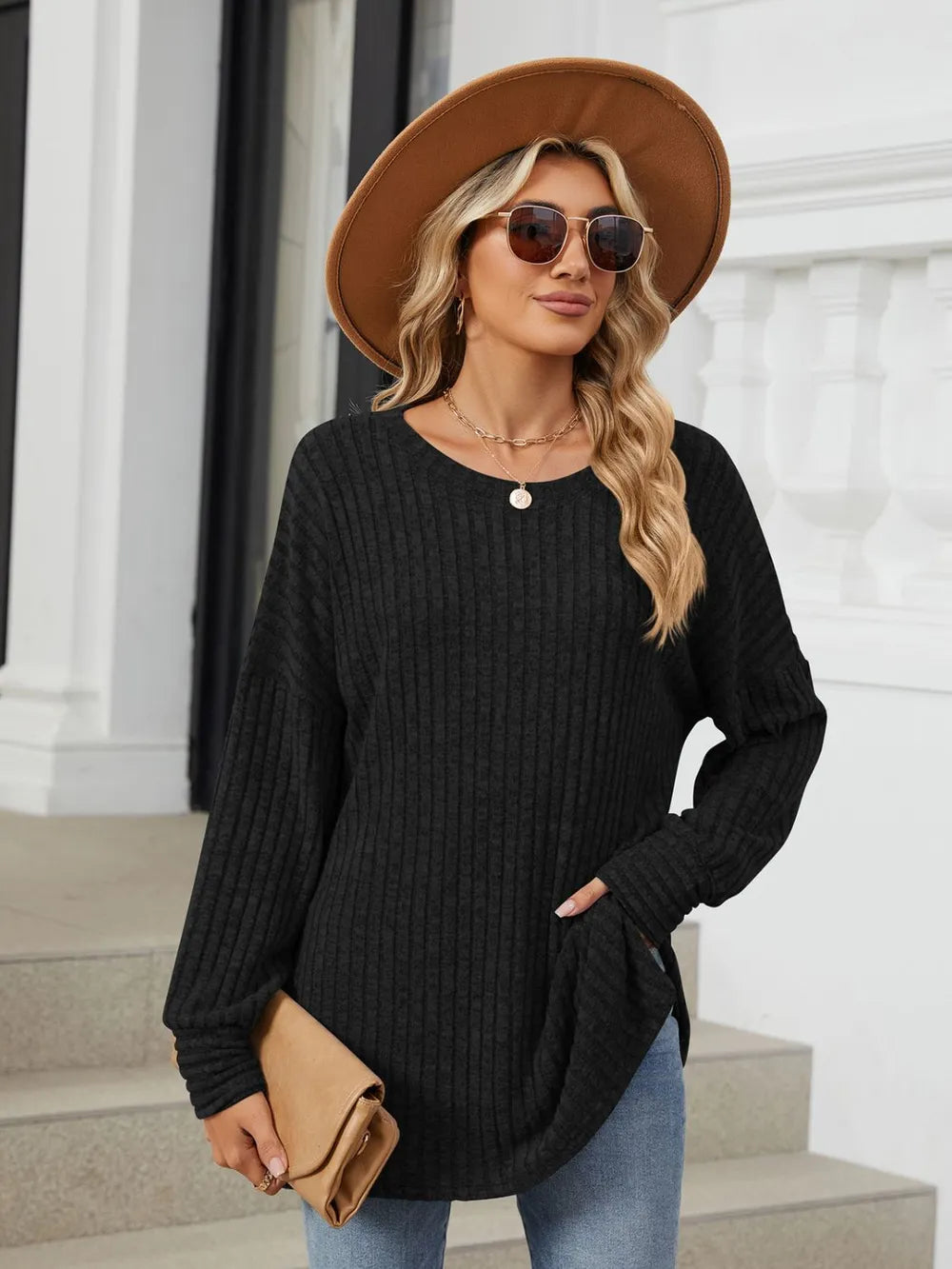 Ribbed Round Neck Long Sleeve T-Shirt NicholesGifts