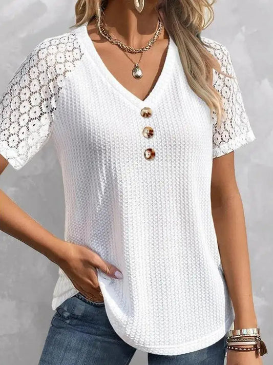 Waffle-Knit V-Neck Short Sleeve Top nicholesgifts