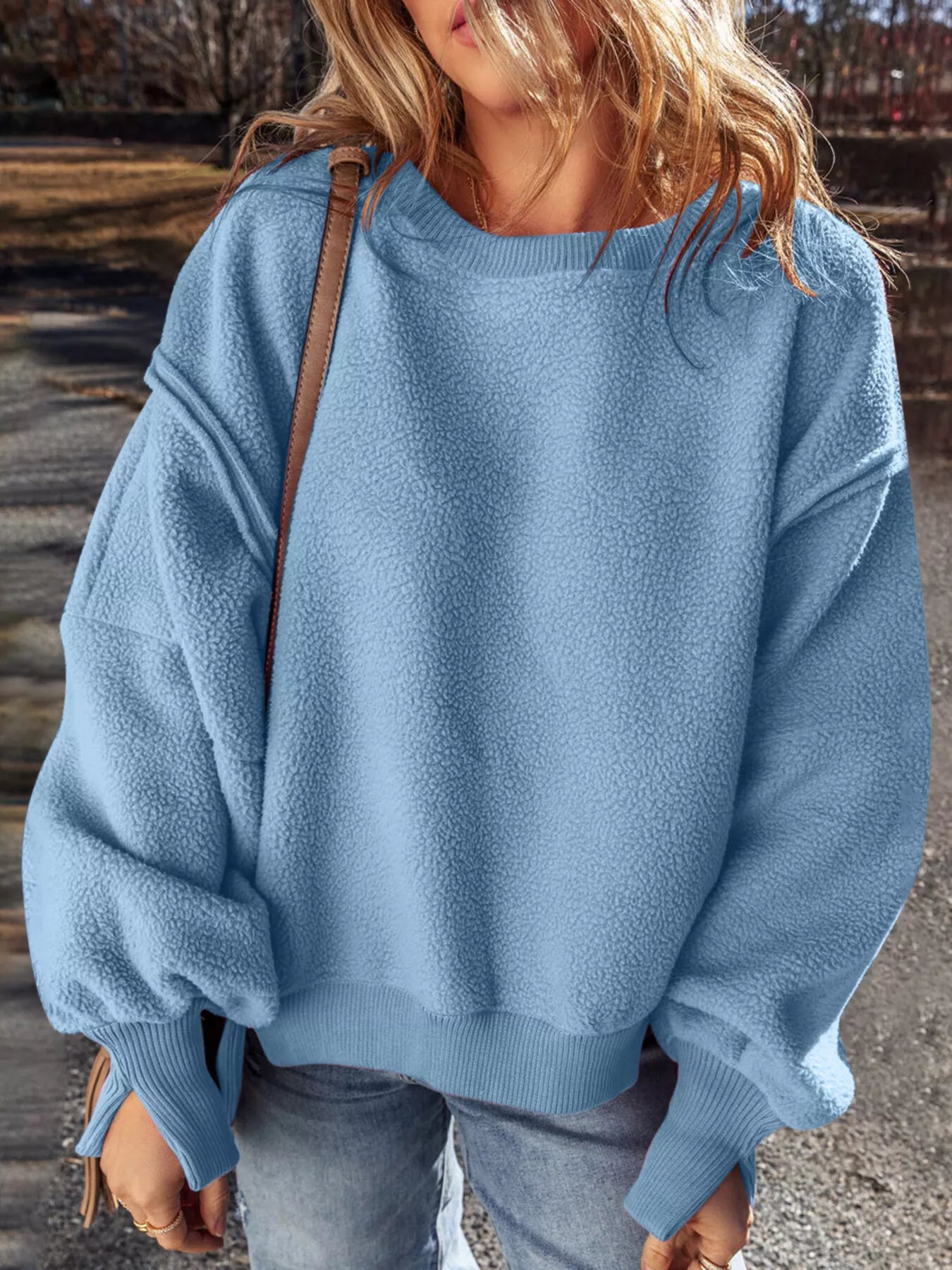 Round Neck Dropped Shoulder Sweatshirt Trendsi