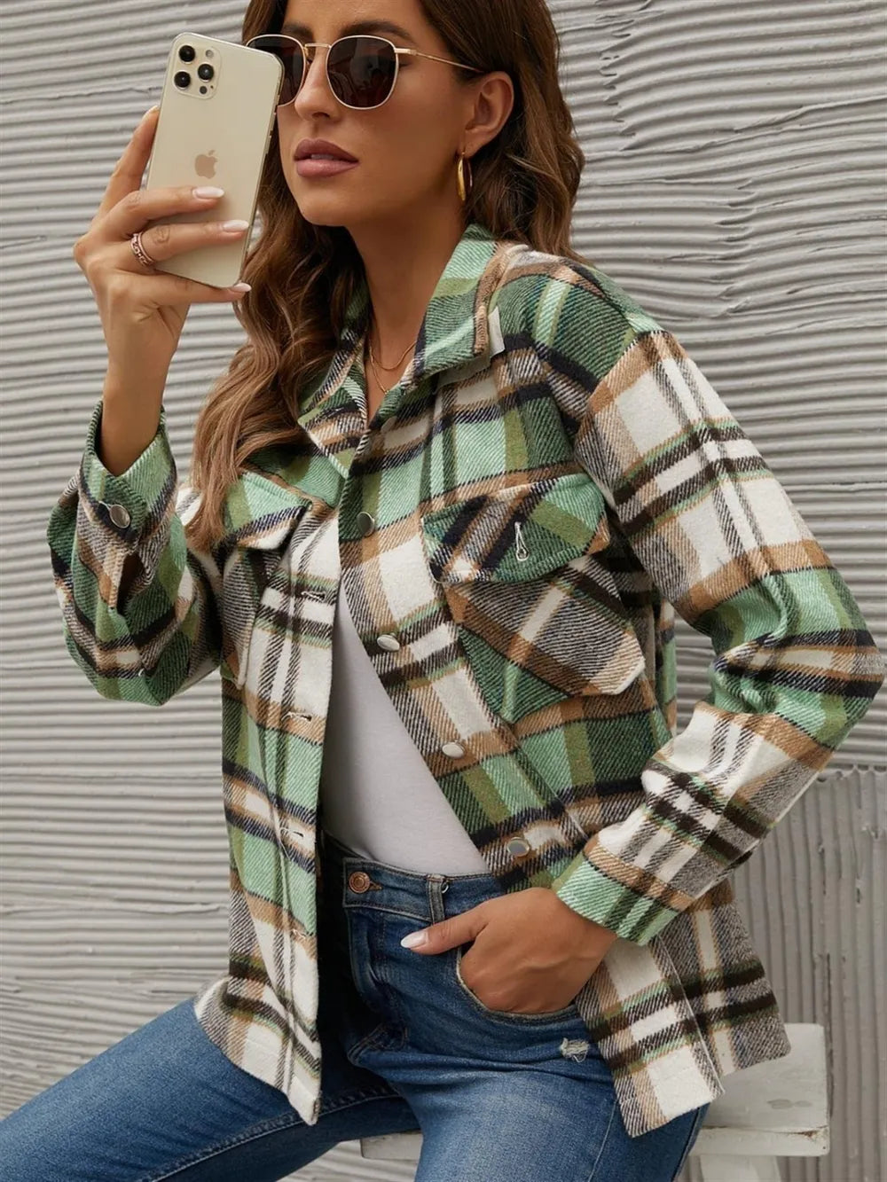 Plaid Collared Neck Long Sleeve Jacket Trendsi