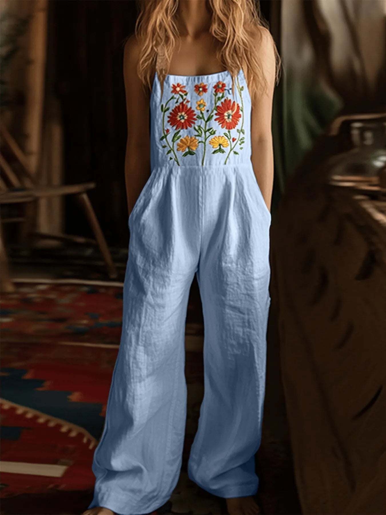 Floral Embroidered Wide Leg Jumpsuit nicholesgifts