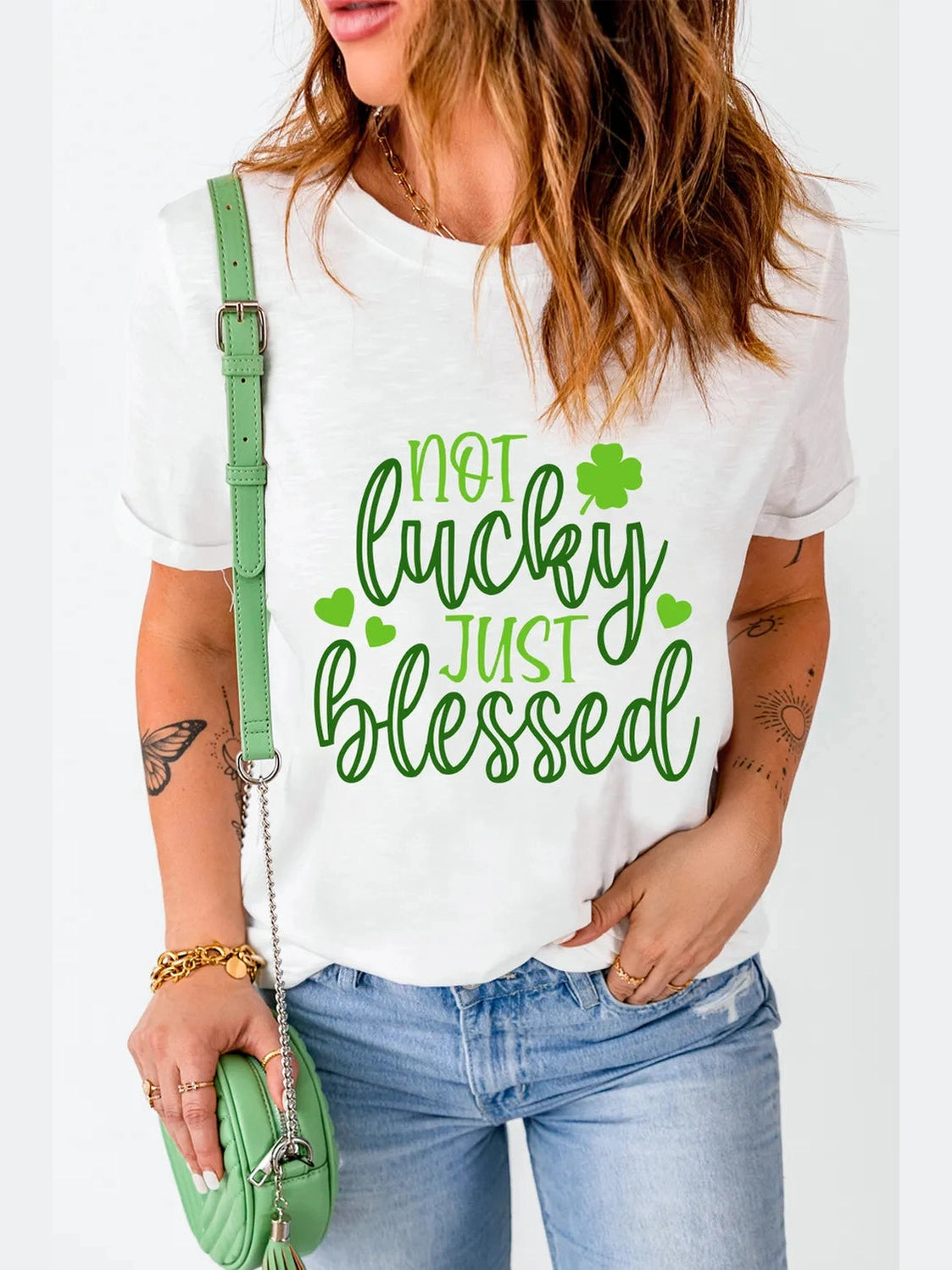 NOT LUCKY JUST BLESSED Round Neck T-Shirt nicholesgifts