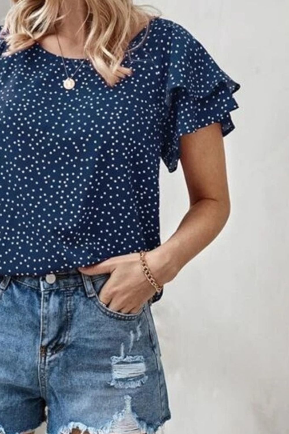 Ruffled Polka Dot Round Neck Short Sleeve Blouse nicholesgifts