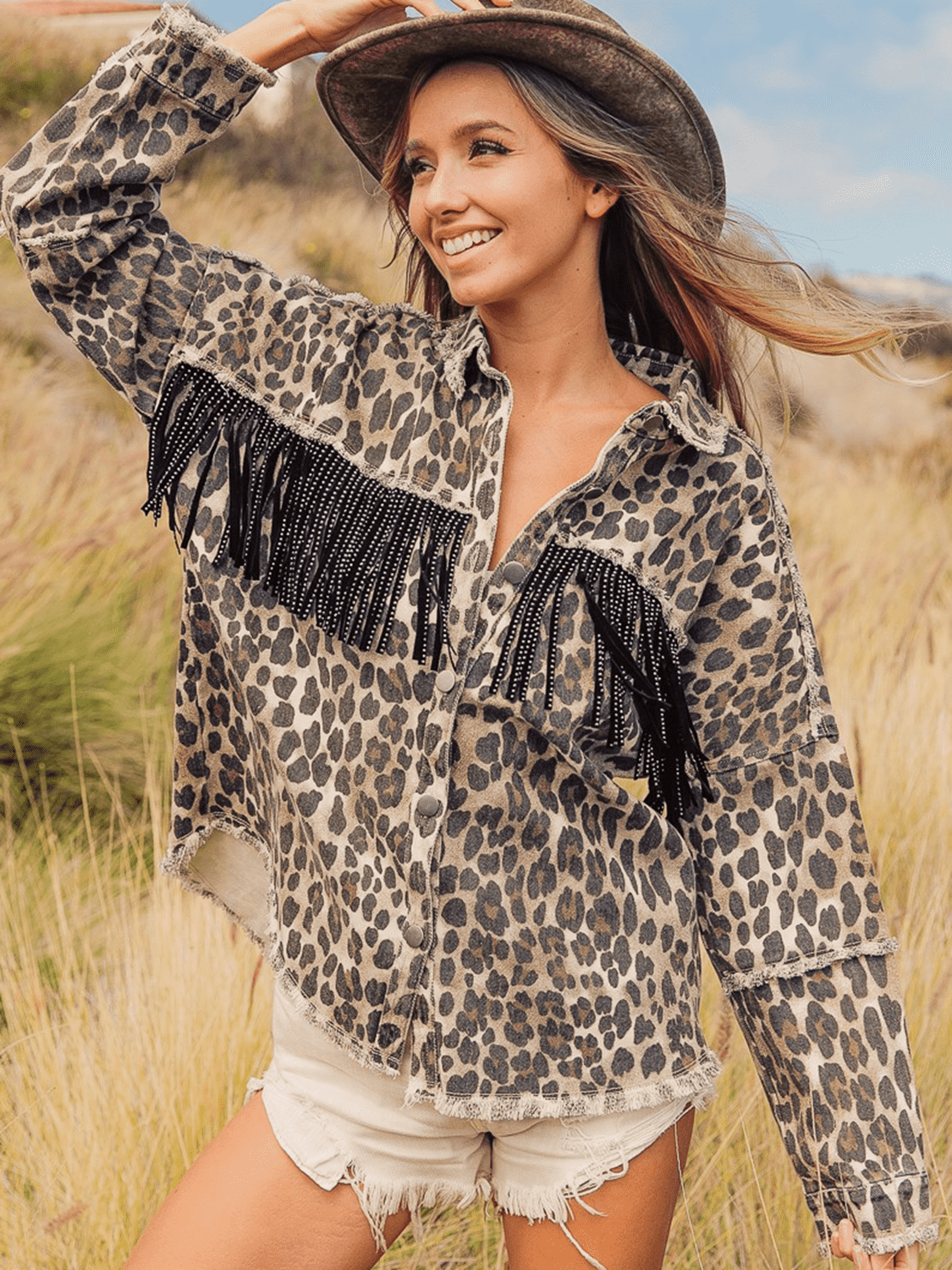 Leopard Fringe Detail Collared Neck Denim Jacket nicholesgifts