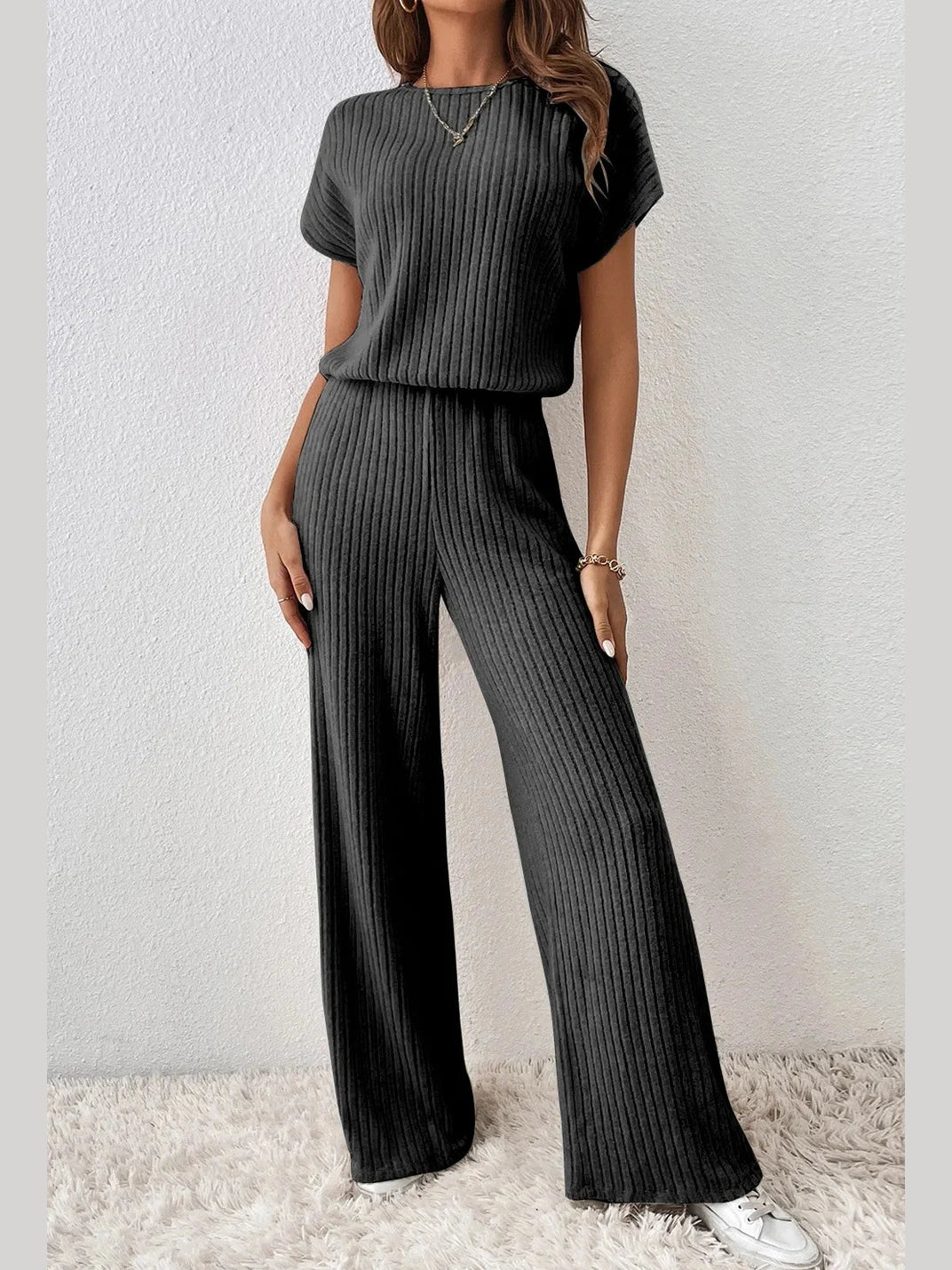 Ribbed Short Sleeve Wide Leg Jumpsuit nicholesgifts