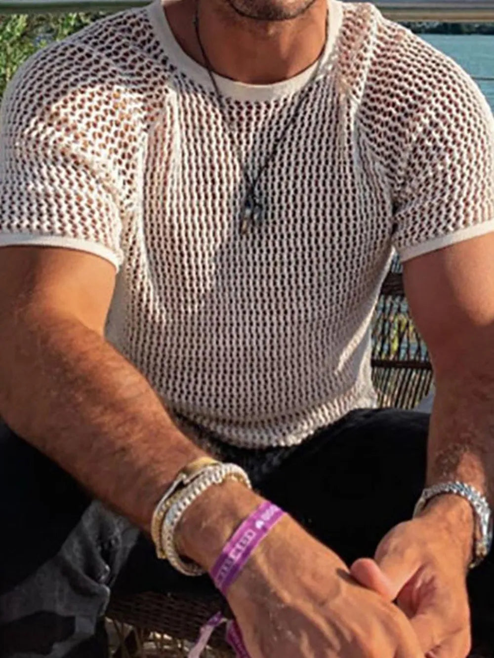 Men's Openwork Round Neck Short Sleeve T-Shirt NicholesGifts