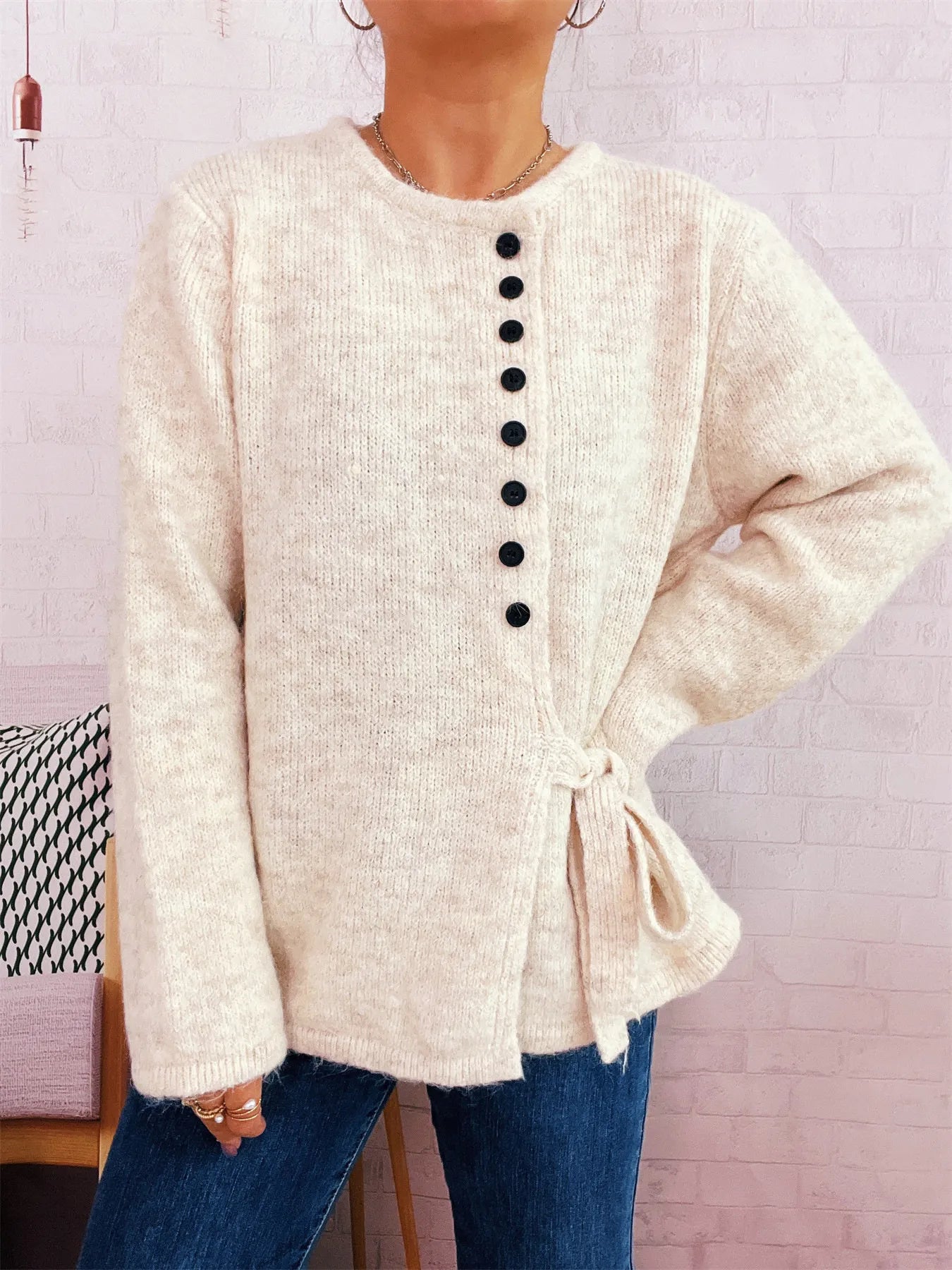 Button-Front Side-Tie Sweater