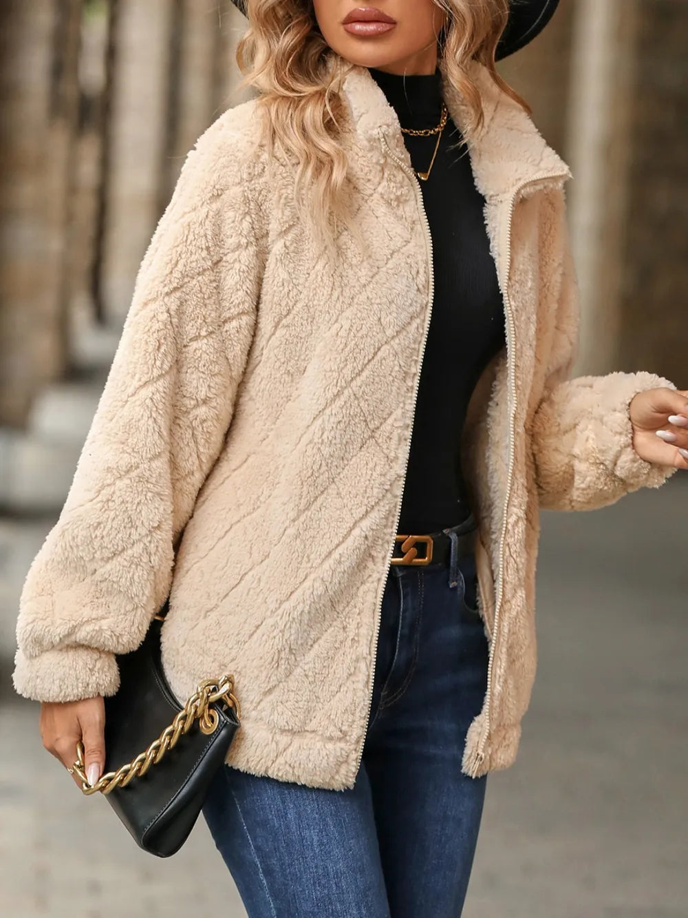 Fuzzy Pocketed Zip Up Jacket nicholesgifts