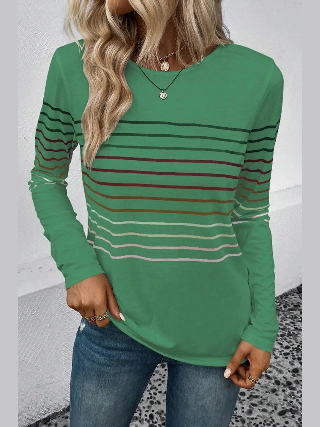 Striped Round Neck Long Sleeve T-Shirt nicholesgifts