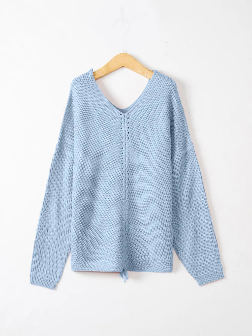 Full Size Lace Up V-Neck Long Sleeve Sweater Trendsi