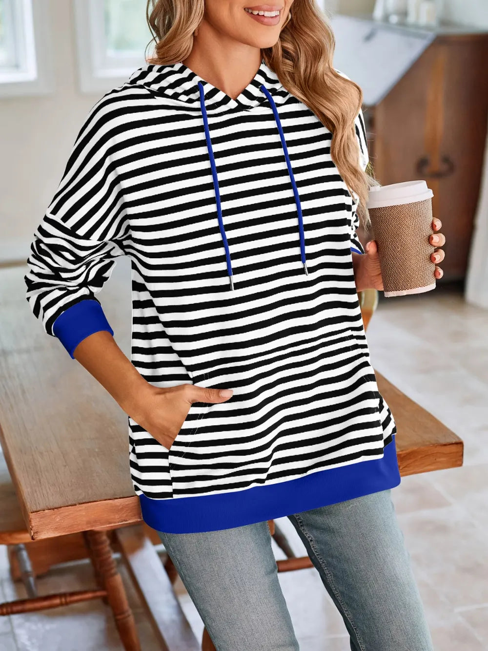 Lovelet Drawstring Striped Long Sleeve Hoodie Trendsi