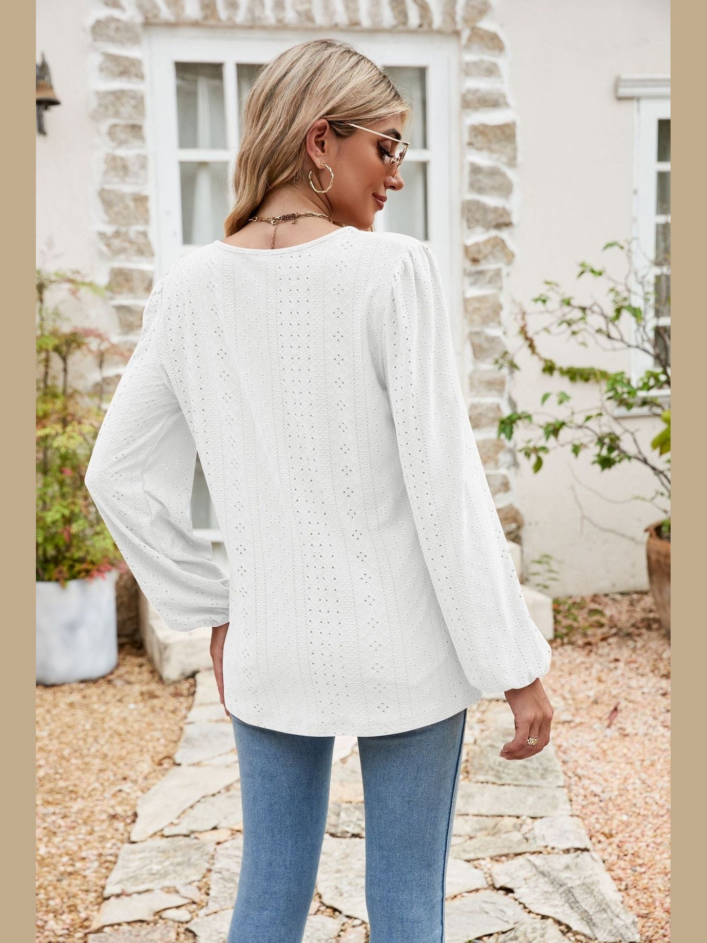 Eyelet Notched Neck Balloon Sleeve Blouse